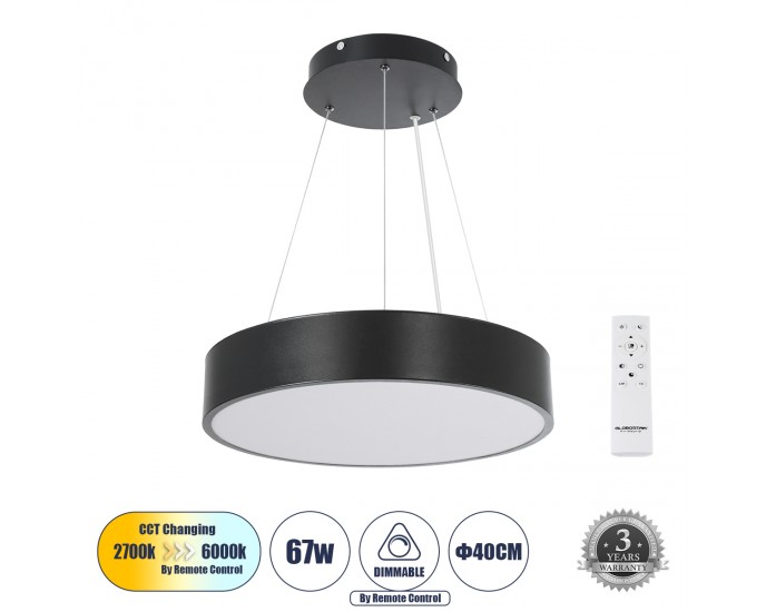 GloboStar® BURTON 61200-P Κρεμαστή Πλαφονιέρα Οροφής LED CCT 67W 7370lm 120° AC 220-240V - Εναλλαγή Φωτισμού μέσω Τηλεχειριστηρίου All In One Ψυχρό 6000k+Φυσικό 4500k+Θερμό 2700k Dimmable Φ40cm - Μαύρο - 3 Years Warranty ΟΡΟΦΗΣ