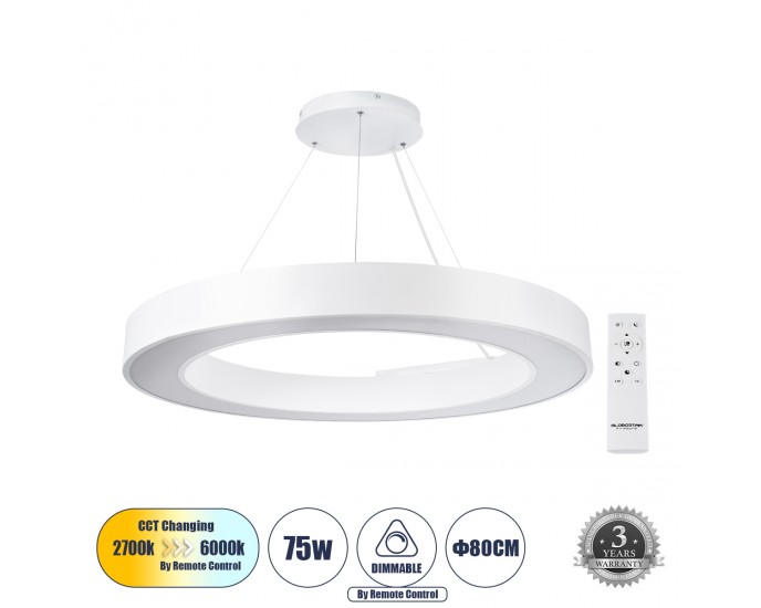 GloboStar® RA 61197 Κρεμαστό Φωτιστικό Δαχτυλίδι-Κύκλος LED CCT 75W 8250lm 120° AC 220-240V - Εναλλαγή Φωτισμού μέσω Τηλεχειριστηρίου All In One Ψυχρό 6000k+Φυσικό 4500k+Θερμό 2700k Dimmable Φ80cm - Λευκό - 3 Years Warranty ΟΡΟΦΗΣ