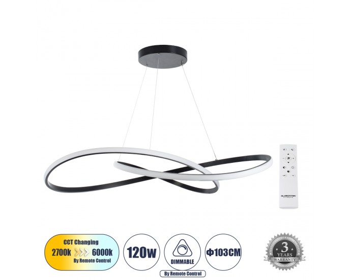 GloboStar® DEXTER 60917 Κρεμαστό Φωτιστικό Οροφής Design LED CCT 120W 13440lm 300° AC 220-240V - Εναλλαγή Φωτισμού μέσω Τηλεχειριστηρίου All In One Ψυχρό 6000k+Φυσικό 4500k+Θερμό 2700k Dimmable Φ103cm - Μαύρο - 3 Years Warranty ΟΡΟΦΗΣ