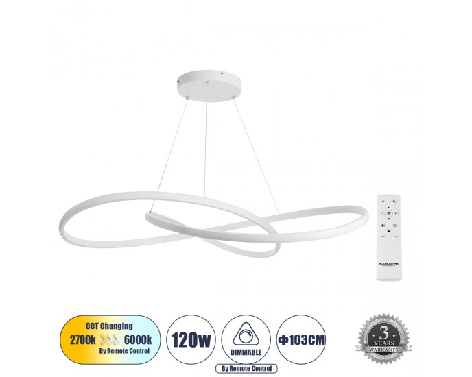 GloboStar® DEXTER 60918 Κρεμαστό Φωτιστικό Οροφής Design LED CCT 120W 13440lm 300° AC 220-240V - Εναλλαγή Φωτισμού μέσω Τηλεχειριστηρίου All In One Ψυχρό 6000k+Φυσικό 4500k+Θερμό 2700k Dimmable Φ103cm - Λευκό - 3 Years Warranty ΟΡΟΦΗΣ