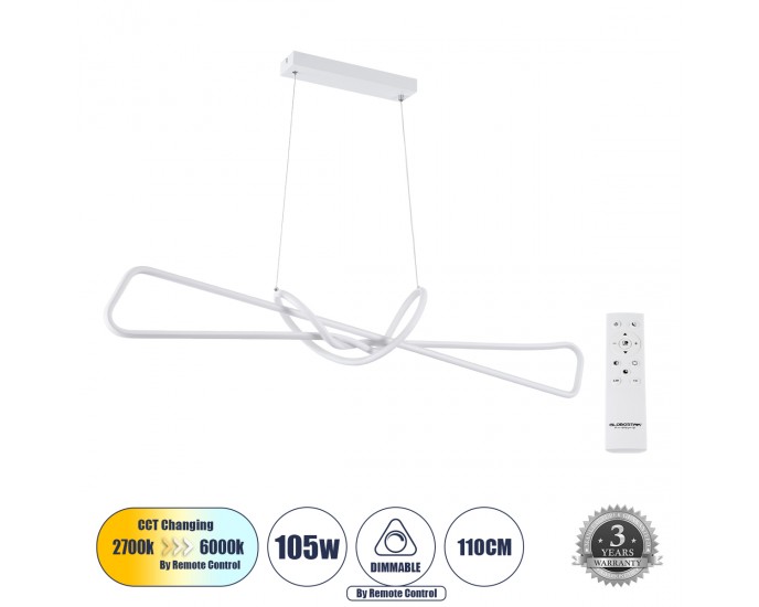 GloboStar® DOLORES 61280 Κρεμαστό Φωτιστικό Οροφής Design LED CCT 105W 11760lm 300° AC 220-240V - Εναλλαγή Φωτισμού μέσω Τηλεχειριστηρίου All In One Ψυχρό 6000k+Φυσικό 4500k+Θερμό 2700k Dimmable Μ110 x Π17 x Υ17.5cm - Λευκό - 3 Years Warranty ΟΡΟΦΗΣ