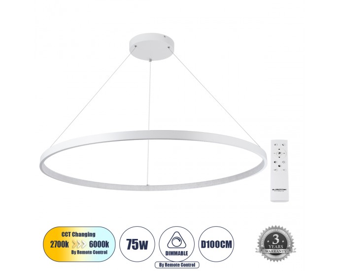 GloboStar® DIAMOND 61518 Κρεμαστό Φωτιστικό Δαχτυλίδι-Κύκλος LED CCT 75W 8400lm 360° AC 220-240V - Εναλλαγή Φωτισμού μέσω Τηλεχειριστηρίου All In One Ψυχρό 6000k+Φυσικό 4500k+Θερμό 2700k Dimmable Φ100cm - Λευκό - 3 Years Warranty ΟΡΟΦΗΣ