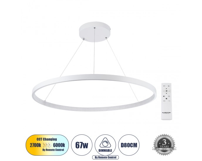 GloboStar® DIAMOND 61521 Κρεμαστό Φωτιστικό Δαχτυλίδι-Κύκλος LED CCT 67W 7504lm 360° AC 220-240V - Εναλλαγή Φωτισμού μέσω Τηλεχειριστηρίου All In One Ψυχρό 6000k+Φυσικό 4500k+Θερμό 2700k Dimmable Φ80cm - Λευκό - 3 Years Warranty ΟΡΟΦΗΣ