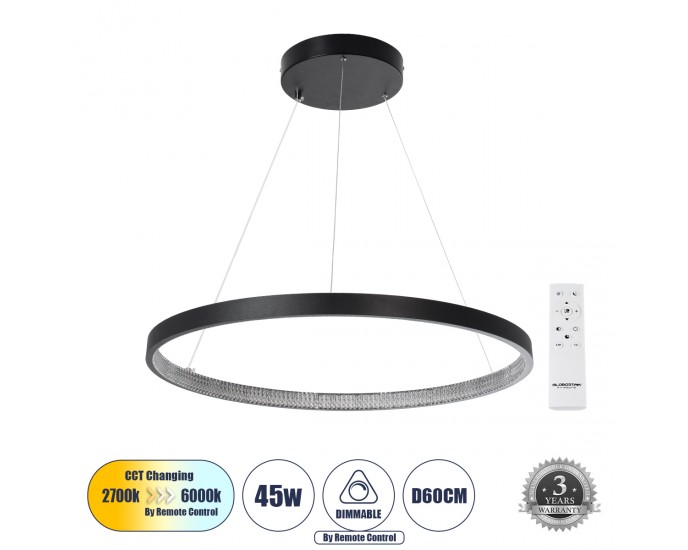 GloboStar® DIAMOND 61522 Κρεμαστό Φωτιστικό Δαχτυλίδι-Κύκλος LED CCT 45W 5040lm 360° AC 220-240V - Εναλλαγή Φωτισμού μέσω Τηλεχειριστηρίου All In One Ψυχρό 6000k+Φυσικό 4500k+Θερμό 2700k Dimmable Φ60cm - Μαύρο - 3 Years Warranty ΟΡΟΦΗΣ