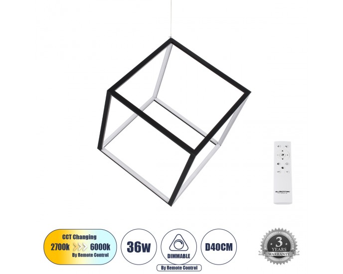 GloboStar® KIBOO 60929 Κρεμαστό Φωτιστικό Οροφής Design LED CCT 36W 4150lm 360° AC 220-240V - Εναλλαγή Φωτισμού μέσω Τηλεχειριστηρίου All In One Ψυχρό 6000k+Φυσικό 4500k+Θερμό 2700k Dimmable Μ40 x Π40 x Υ40cm - Μαύρο - 3 Years Warranty ΟΡΟΦΗΣ