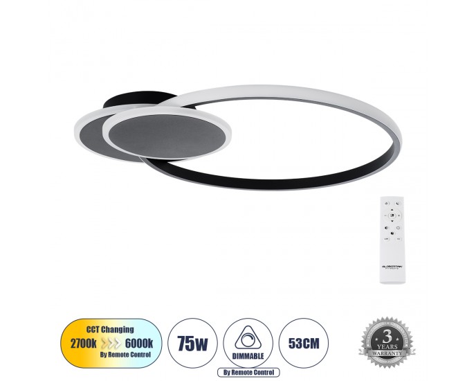 GloboStar® CIRCUO 61229 Φωτιστικό Οροφής Δαχτυλίδι-Κύκλος LED CCT 75W 8400lm 360° AC 220-240V - Εναλλαγή Φωτισμού μέσω Τηλεχειριστηρίου All In One Ψυχρό 6000k+Φυσικό 4500k+Θερμό 2700k Dimmable Μ53 x Π42.5 x Υ9cm - Μαύρο - 3 Years Warranty ΟΡΟΦΗΣ