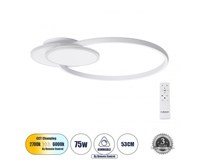 GloboStar® CIRCUO 61230 Φωτιστικό Οροφής Δαχτυλίδι-Κύκλος LED CCT 75W 8400lm 360° AC 220-240V - Εναλλαγή Φωτισμού μέσω Τηλεχειριστηρίου All In One Ψυχρό 6000k+Φυσικό 4500k+Θερμό 2700k Dimmable Μ53 x Π42.5 x Υ9cm - Λευκό - 3 Years Warranty ΟΡΟΦΗΣ