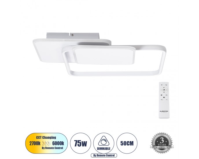 GloboStar® SQUARO 61232 Φωτιστικό Οροφής Δαχτυλίδι-Κύκλος LED CCT 75W 8400lm 360° AC 220-240V - Εναλλαγή Φωτισμού μέσω Τηλεχειριστηρίου All In One Ψυχρό 6000k+Φυσικό 4500k+Θερμό 2700k Dimmable Μ48.5 x Π51 x Υ9cm - Λευκό - 3 Years Warranty ΟΡΟΦΗΣ