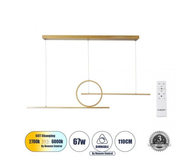 GloboStar® TEREZA 61289 Κρεμαστό Φωτιστικό Οροφής Design LED CCT 67W 7504lm 300° AC 220-240V - Εναλλαγή Φωτισμού μέσω Τηλεχειριστηρίου All In One Ψυχρό 6000k+Φυσικό 4500k+Θερμό 2700k Dimmable Μ110 x Π4.5 x Υ34cm - Χρυσό Πλατίνα - 3 Years Warranty ΟΡΟΦΗΣ