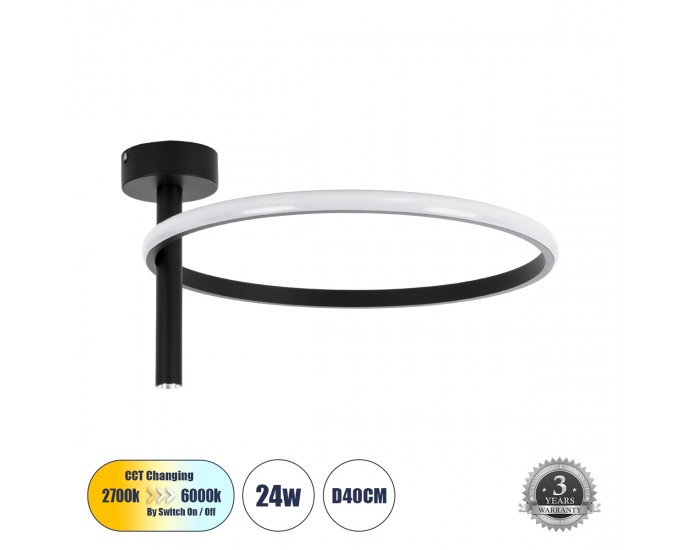 GloboStar® VERONA 61220 Φωτιστικό Οροφής Δαχτυλίδι-Κύκλος LED CCT 24W 2688lm 360° AC 220-240V - Εναλλαγή Φωτισμού μέσω Διακόπτη On/Off All In One Ψυχρό 6000k+Φυσικό 4500k+Θερμό 2700k Φ40 x Υ23cm - Μαύρο - 3 Χρόνια Εγγύηση ΟΡΟΦΗΣ