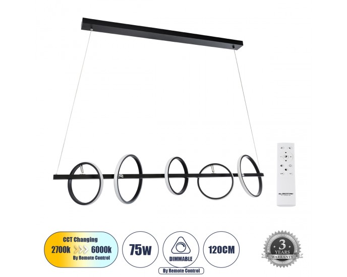 GloboStar® CIRCOLARE 61319 Κρεμαστό Φωτιστικό Οροφής Design LED CCT 75W 8400lm 360° AC 220-240V - Εναλλαγή Φωτισμού μέσω Τηλεχειριστηρίου All In One Ψυχρό 6000k+Φυσικό 4500k+Θερμό 2700k Dimmable Μ120 x Π25 x Υ25cm - Μαύρο - 3 Χρόνια Εγγύηση ΟΡΟΦΗΣ