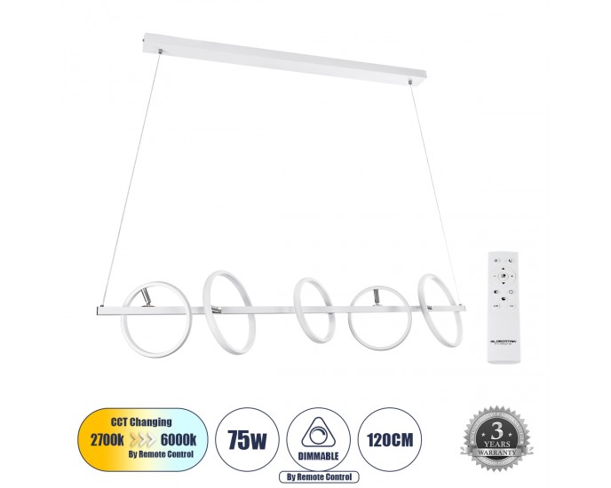 GloboStar® CIRCOLARE 61320 Κρεμαστό Φωτιστικό Οροφής Design LED CCT 75W 8400lm 360° AC 220-240V - Εναλλαγή Φωτισμού μέσω Τηλεχειριστηρίου All In One Ψυχρό 6000k+Φυσικό 4500k+Θερμό 2700k Dimmable Μ120 x Π25 x Υ25cm - Λευκό - 3 Χρόνια Εγγύηση ΟΡΟΦΗΣ