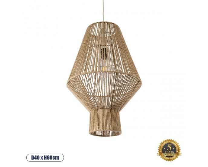 GloboStar® CAYMAN 01853 Boho Κρεμαστό Φωτιστικό Οροφής Μονόφωτο 1 x E27 AC220-240V IP20 - Φ40 x Υ60cm - Μπεζ Λεπτό Σχοινί Τριχιά Πλέγμα - 5 Χρόνια Εγγύηση ΟΡΟΦΗΣ