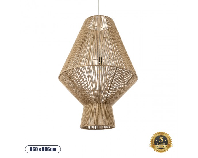 GloboStar® CAYMAN 01854 Boho Κρεμαστό Φωτιστικό Οροφής Μονόφωτο 1 x E27 AC220-240V IP20 - Φ60 x Υ86cm - Μπεζ Λεπτό Σχοινί Τριχιά Πλέγμα - 5 Χρόνια Εγγύηση ΟΡΟΦΗΣ