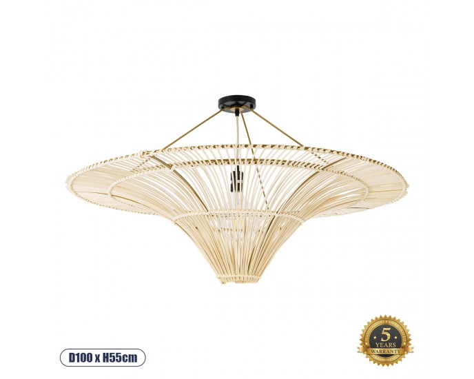 GloboStar® PALERMO 02153 Boho Φωτιστικό Οροφής Μονόφωτο 1 x E27 AC220-240V IP20 - Φ100 x Υ55cm - Μπεζ Ξύλινο Μπαμπού Πλέγμα - 5 Χρόνια Εγγύηση ΟΡΟΦΗΣ