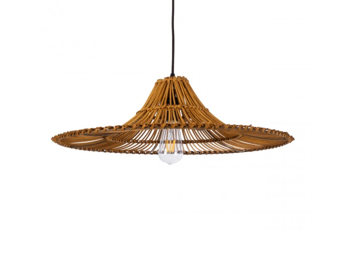 GloboStar® PALERMO 02310 Boho Κρεμαστό Φωτιστικό Οροφής Μονόφωτο 1 x E27 AC220-240V IP20 - Φ60 x Υ18cm - Μπεζ Καφέ Ξύλινο Μπαμπού Πλέγμα - 5 Χρόνια Εγγύηση ΟΡΟΦΗΣ