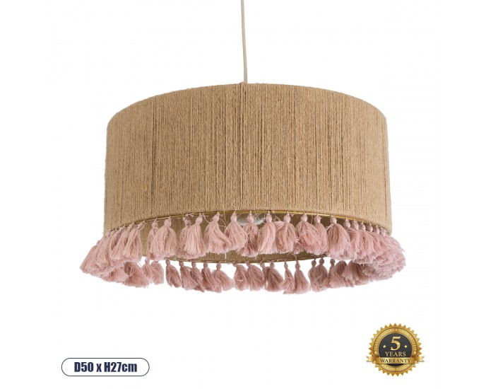 GloboStar® PUERTORICO 02096 Boho Κρεμαστό Φωτιστικό Οροφής Μονόφωτο 1 x E27 AC220-240V IP20 - Φ50 x Υ27cm - Μπεζ με Ροζ Λεπτό Νήμα Πλέγμα Βαμβακερό Καπέλο - 5 Χρόνια Εγγύηση ΟΡΟΦΗΣ