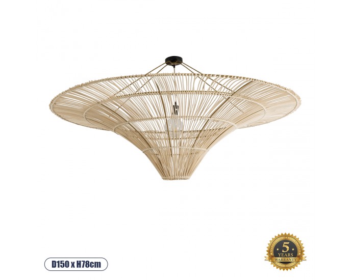 GloboStar® PALERMO 02309 Boho Φωτιστικό Οροφής Μονόφωτο 1 x E27 AC220-240V IP20 - Φ150 x Υ78cm - Μπεζ Ξύλινο Μπαμπού Πλέγμα - 5 Χρόνια Εγγύηση ΟΡΟΦΗΣ