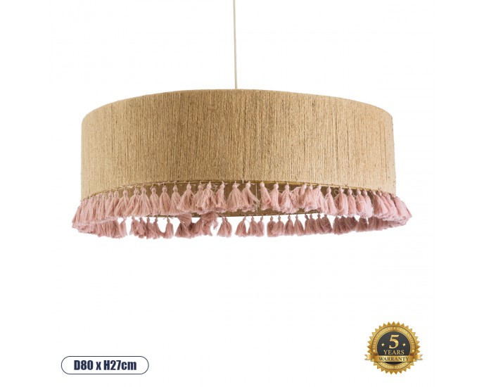 GloboStar® PUERTORICO 02097 Boho Κρεμαστό Φωτιστικό Οροφής Τρίφωτο 3 x E27 AC220-240V IP20 - Φ80 x Υ27cm - Μπεζ με Ροζ Λεπτό Νήμα Πλέγμα Βαμβακερό Καπέλο - 5 Χρόνια Εγγύηση ΟΡΟΦΗΣ