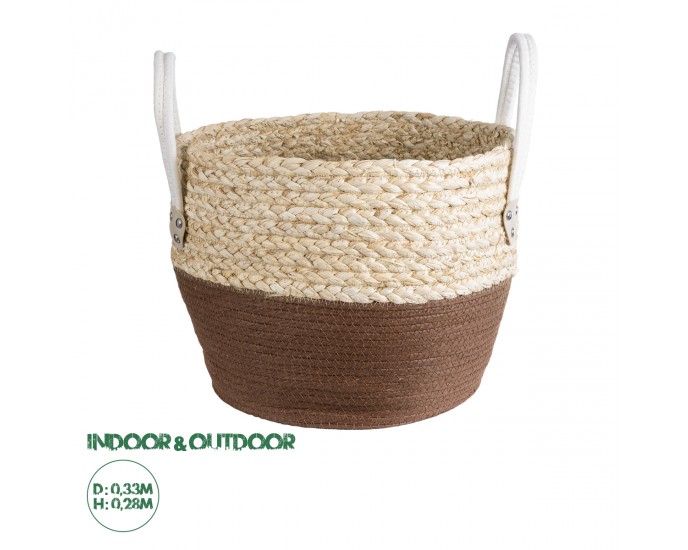 GloboStar® Artificial Garden CAROLINA 20580 Διακοσμητικό Πλεκτό Κασπώ Γλάστρα - Flower Pot Μπεζ με Καφέ και Λευκό Φ33 x Υ28cm ΚΑΣΠΩ