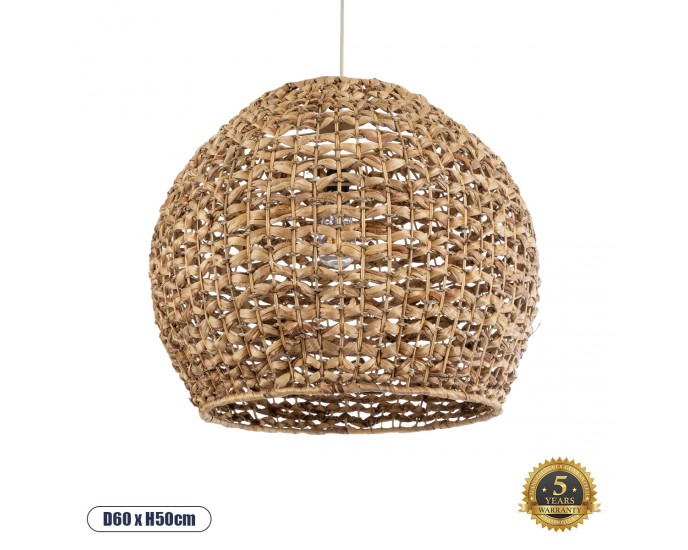 GloboStar® CLOVER 01851 Boho Κρεμαστό Φωτιστικό Οροφής Μονόφωτο 1 x E27 AC220-240V IP20 - Φ60 x Υ50cm - Καφέ Ξύλινο Μπαμπού Πλέγμα Καμπάνα - 5 Χρόνια Εγγύηση ΟΡΟΦΗΣ