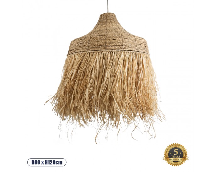 GloboStar® NEGRIL 02186 Boho Κρεμαστό Φωτιστικό Οροφής Μονόφωτο 1 x E27 AC220-240V IP20 - Φ80 x Υ120cm - Μπεζ Φυσική Ράφια Νήμα Πλέγμα Καμπάνα - 5 Χρόνια Εγγύηση ΟΡΟΦΗΣ