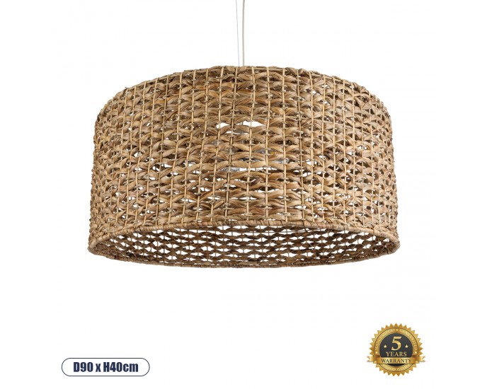 GloboStar® MARIGOLD 01850 Boho Κρεμαστό Φωτιστικό Οροφής Μονόφωτο 1 x E27 AC220-240V IP20 - Φ90 x Υ40cm - Καφέ Ξύλινο Μπαμπού Πλέγμα Καμπάνα - 5 Χρόνια Εγγύηση ΟΡΟΦΗΣ