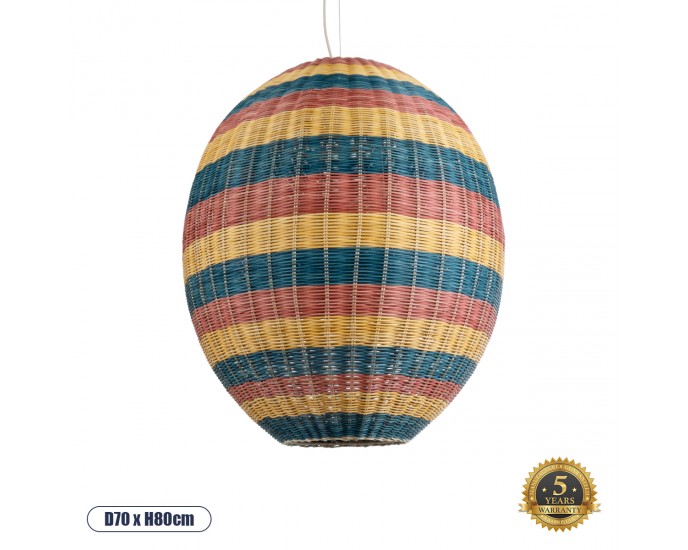 GloboStar® CABALLEROS 02066 Boho Κρεμαστό Φωτιστικό Οροφής Μονόφωτο 1 x E27 AC220-240V IP20 - Φ70 x Υ80cm - Πράσινο με Κίτρινο και Μπλε με Κόκκινο Ξύλινο Μπαμπού Πλέγμα - 5 Χρόνια Εγγύηση ΟΡΟΦΗΣ