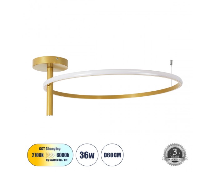 GloboStar® VERONA 61225 Φωτιστικό Οροφής Δαχτυλίδι-Κύκλος LED CCT 36W 4032lm 360° AC 220-240V - Εναλλαγή Φωτισμού μέσω Διακόπτη On/Off All In One Ψυχρό 6000k+Φυσικό 4500k+Θερμό 2700K Φ60 x Υ26cm - Χρυσό Βούρτσας - 3 Χρόνια Εγγύηση ΟΡΟΦΗΣ