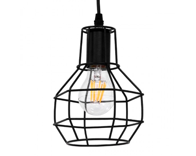 GloboStar® CAGE BLACK 01017 Vintage Industrial Κρεμαστό Φωτιστικό Οροφής Μονόφωτο Μαύρο Μεταλλικό Πλέγμα Φ15 x Y20cm