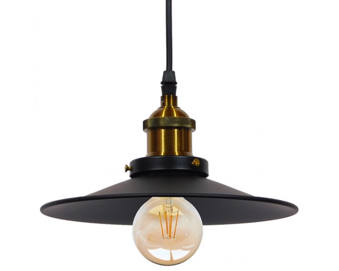 GloboStar® CARAVEL 01167 Vintage Industrial Κρεμαστό Φωτιστικό Οροφής Μονόφωτο Μαύρο Μεταλλικό Καμπάνα Φ22 x Y13cm