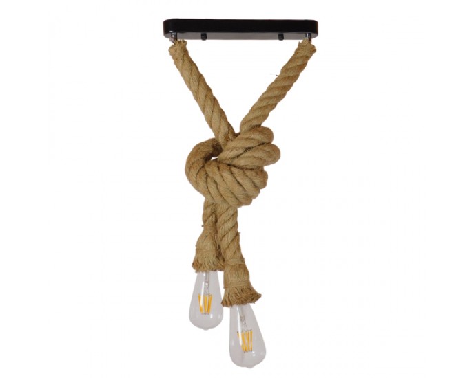 GloboStar® ROPE 01279 Vintage Industrial Κρεμαστό Φωτιστικό Οροφής Δίφωτο 2 x E27 με 1 μέτρο Μπεζ Σχοινί Φ3.5 x Y100cm ΟΡΟΦΗΣ