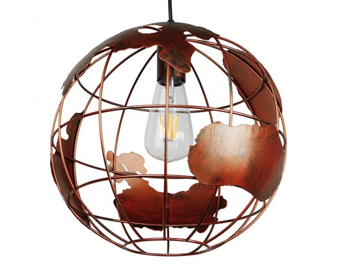 GloboStar® EARTH 01662 Vintage Industrial Κρεμαστό Φωτιστικό Οροφής Μονόφωτο 1 x E27 Καφέ Σκουριά Μεταλλικό Πλέγμα Φ30 x Υ30cm