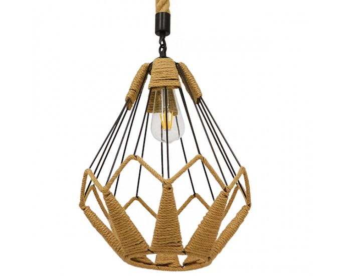 GloboStar® CONICAL 01617 Vintage Κρεμαστό Φωτιστικό Οροφής Μονόφωτο 1 x E27 Πλέγμα με Μπεζ Σχοινί Φ31 x Υ38cm