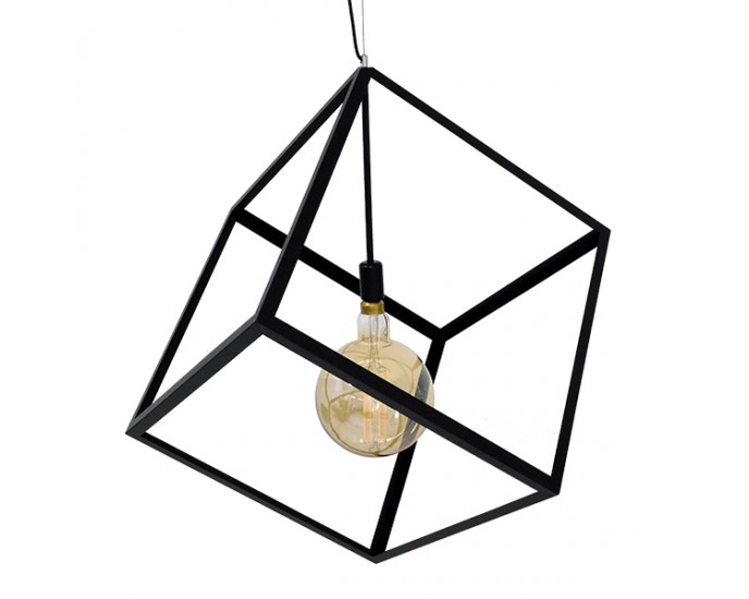 GloboStar® CUBE 01672 Μοντέρνο Κρεμαστό Φωτιστικό Οροφής Μονόφωτο 1 x E27 Μαύρο Μεταλλικό Πλέγμα Μ70 x Π70 x Υ87cm