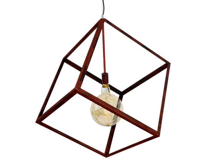 GloboStar® CUBE 01673 Μοντέρνο Κρεμαστό Φωτιστικό Οροφής Μονόφωτο 1 x E27 Καφέ Σκουριά Μεταλλικό Πλέγμα Μ70 x Π70 x Υ87cm