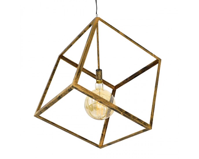 GloboStar® CUBE 01674 Μοντέρνο Κρεμαστό Φωτιστικό Οροφής Μονόφωτο 1 x E27 Χρυσό Σκουριά Μεταλλικό Πλέγμα Μ70 x Π70 x Υ87cm