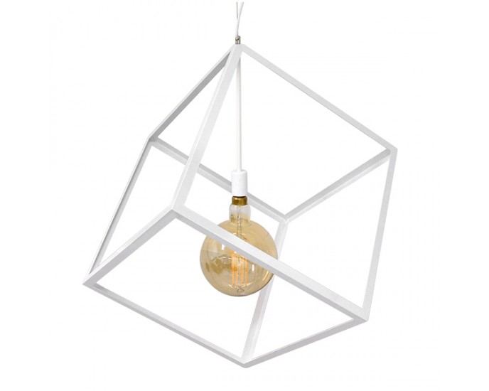 GloboStar® CUBE 01675 Μοντέρνο Κρεμαστό Φωτιστικό Οροφής Μονόφωτο 1 x E27 Λευκό Μεταλλικό Πλέγμα Μ70 x Π70 x Y87cm