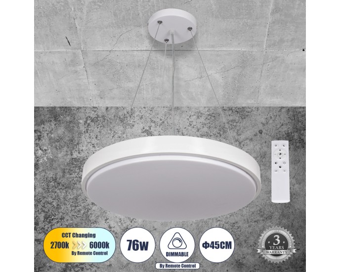 GloboStar® CASPER 61018 Κρεμαστή Πλαφονιέρα Οροφής LED CCT 76W 8372lm 120° AC 220-240V - Εναλλαγή Φωτισμού μέσω Τηλεχειριστηρίου All In One Ψυχρό Λευκό 6000k+Φυσικό Λευκό 4500k+Θερμό Λευκό 2700k Dimmable Φ45cm - Λευκό - 3 Years Warranty