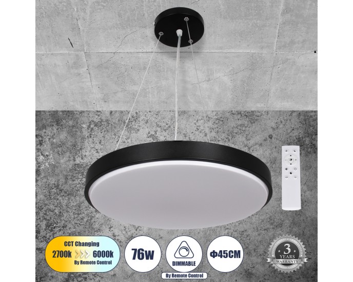 GloboStar® CASPER 61019 Κρεμαστή Πλαφονιέρα Οροφής LED CCT 76W 8372lm 120° AC 220-240V - Εναλλαγή Φωτισμού μέσω Τηλεχειριστηρίου All In One Ψυχρό Λευκό 6000k+Φυσικό Λευκό 4500k+Θερμό Λευκό 2700k Dimmable Φ45cm - Μαύρο - 3 Years Warranty