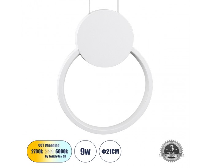 GloboStar® CYCLOS 61074 Κρεμαστό Φωτιστικό Οροφής Design LED CCT 9W 1080lm 300° AC 220-240V - Εναλλαγή Φωτισμού μέσω Διακόπτη On/Off All In One Ψυχρό 6000k+Φυσικό 4500k+Θερμό 2700k Μ21 x Π2.3 x Υ26.5cm - Λευκό