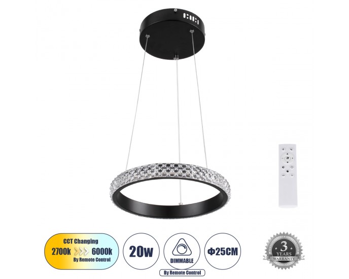 GloboStar® DIAMOND 61126 Κρεμαστό Φωτιστικό Δαχτυλίδι-Κύκλος LED CCT 20W 2356lm 360° AC 220-240V - Εναλλαγή Φωτισμού μέσω Τηλεχειριστηρίου All In One Ψυχρό 6000k+Φυσικό 4500k+Θερμό 2700k Dimmable Φ25cm - Μαύρο - 3 Years Warranty