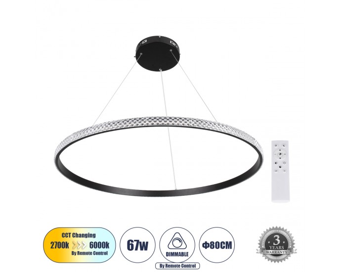 GloboStar® DIAMOND 61132 Κρεμαστό Φωτιστικό Δαχτυλίδι-Κύκλος LED CCT 67W 7689lm 360° AC 220-240V - Εναλλαγή Φωτισμού μέσω Τηλεχειριστηρίου All In One Ψυχρό 6000k+Φυσικό 4500k+Θερμό 2700k Dimmable Φ80cm - Μαύρο - 3 Years Warranty