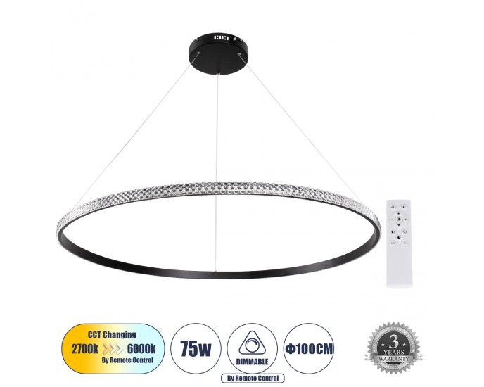 GloboStar® DIAMOND 61134 Κρεμαστό Φωτιστικό Δαχτυλίδι-Κύκλος LED CCT 75W 8743lm 360° AC 220-240V - Εναλλαγή Φωτισμού μέσω Τηλεχειριστηρίου All In One Ψυχρό 6000k+Φυσικό 4500k+Θερμό 2700k Dimmable Φ100cm - Μαύρο - 3 Years Warranty