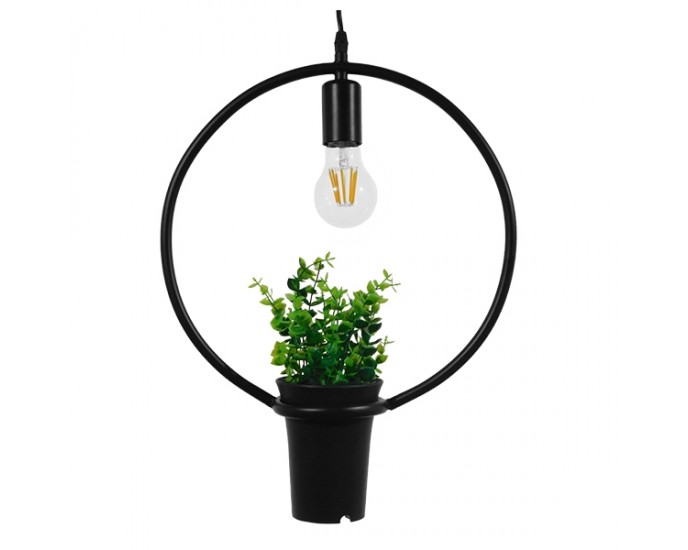 GloboStar® FLOWERPOT 10001212 Μοντέρνο Κρεμαστό Φωτιστικό Οροφής Μονόφωτο 1 x E27 Μαύρο Μεταλλικό με Διακοσμητικό Φυτό Φ30 x Y30cm