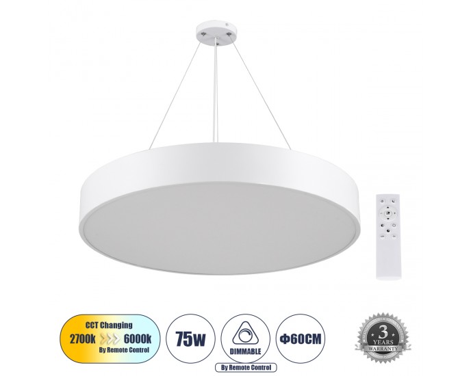 GloboStar® BURTON 61203-P Κρεμαστή Πλαφονιέρα Οροφής LED CCT 75W 8625lm 120° AC 220-240V - Εναλλαγή Φωτισμού μέσω Τηλεχειριστηρίου All In One Ψυχρό 6000k+Φυσικό 4500k+Θερμό 2700k Dimmable Φ60cm - Λευκό - 3 Years Warranty