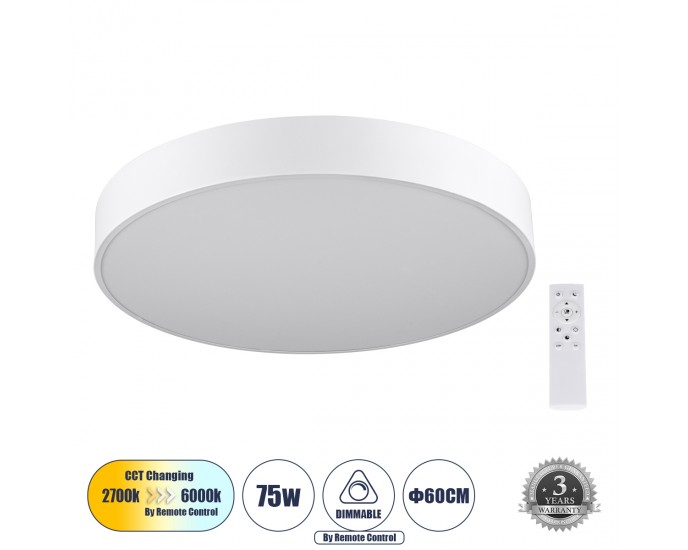 GloboStar® BURTON 61203-S Πλαφονιέρα Οροφής LED CCT 75W 8625lm 120° AC 220-240V - Εναλλαγή Φωτισμού μέσω Τηλεχειριστηρίου All In One Ψυχρό 6000k+Φυσικό 4500k+Θερμό 2700k Dimmable Φ60cm - Λευκό - 3 Years Warranty