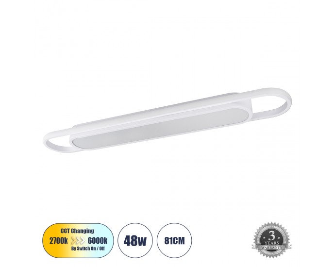 GloboStar® IGOR 61219 Φωτιστικό Οροφής Linear Design LED CCT 48W 5760lm 210° AC 220-240V - Εναλλαγή Φωτισμού μέσω Διακόπτη On/Off All In One Ψυχρό 6000k+Φυσικό 4500k+Θερμό 2700k Μ81 x Π13 x Υ4.5cm - Λευκό - 3 Years Warranty