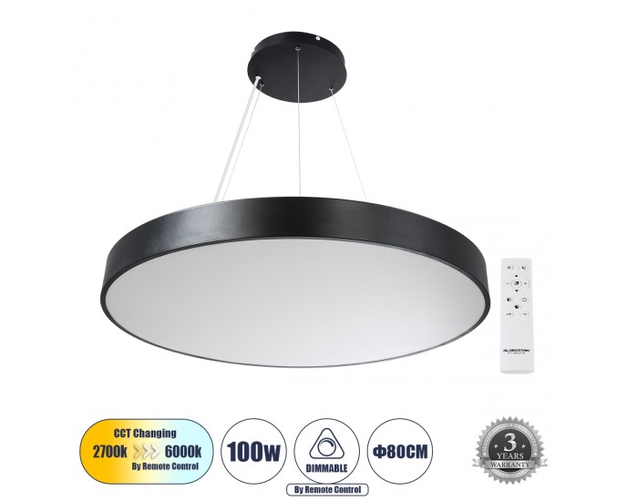 GloboStar® BURTON 61204-P Κρεμαστή Πλαφονιέρα Οροφής LED CCT 100W 11020lm 120° AC 220-240V - Εναλλαγή Φωτισμού μέσω Τηλεχειριστηρίου All In One Ψυχρό 6000k+Φυσικό 4500k+Θερμό 2700k Dimmable Φ80cm - Μαύρο - 3 Years Warranty