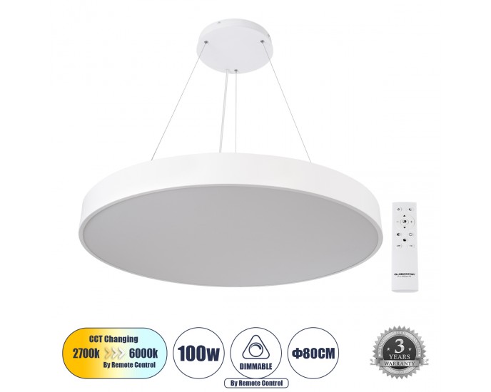 GloboStar® BURTON 61205-P Κρεμαστή Πλαφονιέρα Οροφής LED CCT 100W 11020lm 120° AC 220-240V - Εναλλαγή Φωτισμού μέσω Τηλεχειριστηρίου All In One Ψυχρό 6000k+Φυσικό 4500k+Θερμό 2700k Dimmable Φ80cm - Λευκό - 3 Years Warranty